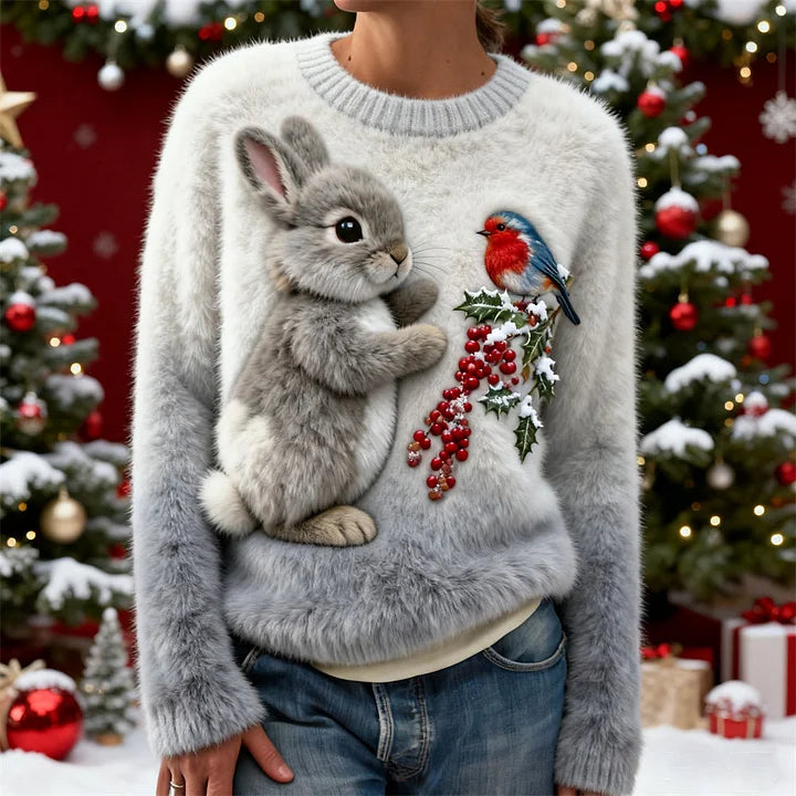 Suzette | Jersey de Peluche Navideño con Bordado 3D de Conejo