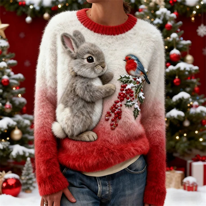 Suzette | Jersey de Peluche Navideño con Bordado 3D de Conejo
