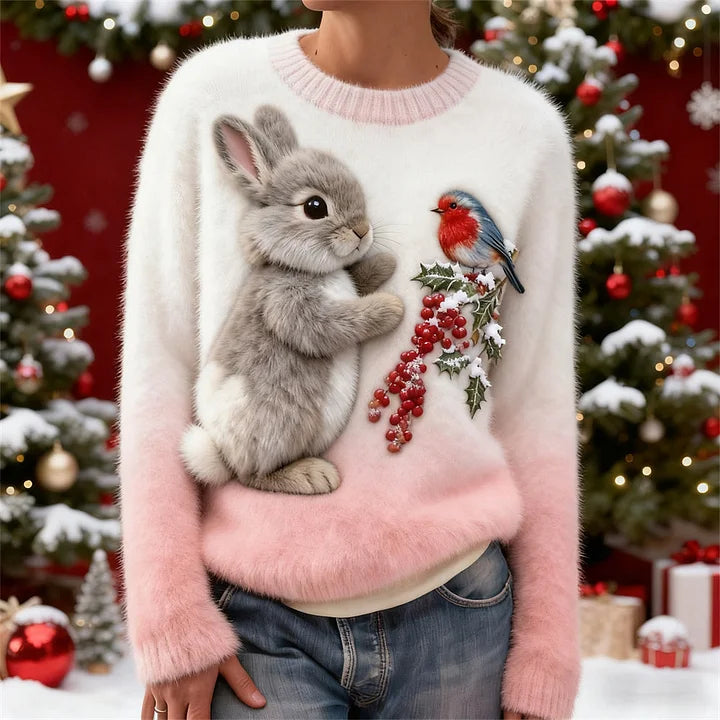 Suzette | Jersey de Peluche Navideño con Bordado 3D de Conejo