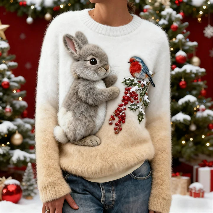 Suzette | Jersey de Peluche Navideño con Bordado 3D de Conejo